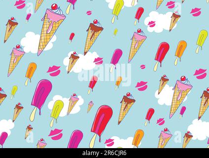 Seamless Pattern made of cool hand-drawn ice creams in different colors in retro style . Vector illustration Stock Vector