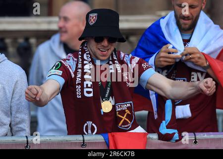 London, UK. 08th June, 2023. Jarrod Bowen of West Ham United during the West Ham United Trophy Parade after their UEFA Europa Conference League final win in Stratford on June 8th 2023 in London, United Kingdom. (Photo by Daniel Chesterton/phcimages.com) Credit: PHC Images/Alamy Live News Stock Photo