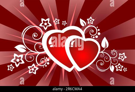 Ornate hearts and flowers on a claret striped background. Valentine's illustration. Stock Vector