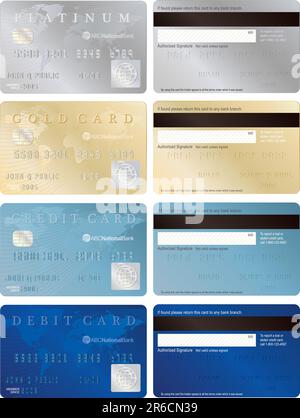 Generic credit and debit cards, front and back. Stock Vector