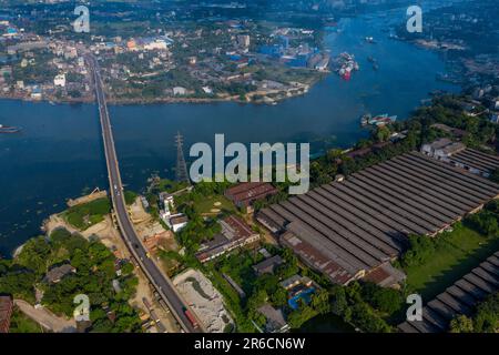 Aerial view of the Sultana Kamal Bridge also known as Demra Bridge and the Sitalakhya River at Demra in Dhaka, Bangladesh. Stock Photo