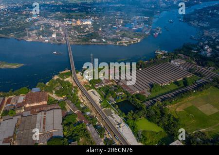 Aerial view of the Sultana Kamal Bridge also known as Demra Bridge and the Sitalakhya River at Demra in Dhaka, Bangladesh. Stock Photo