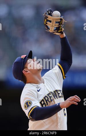 MILWAUKEE, WI - JUNE 08: Milwaukee Brewers catcher William Contreras (24)  bats during an MLB game against the Baltimore Orioles on June 08, 2023 at  American Family Field in Milwaukee, Wisconsin. (Photo