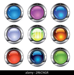 Colorful Glossy Internet Buttons with Metal Chromed Borders Stock Vector