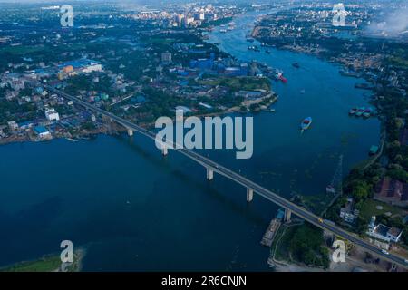 Aerial view of the Sultana Kamal Bridge also known as Demra Bridge and the Sitalakhya River at Demra in Dhaka, Bangladesh. Stock Photo