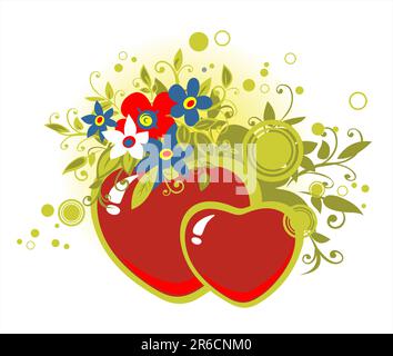 Two ornate hearts and flowers on a white background. Valentine's illustration. Stock Vector