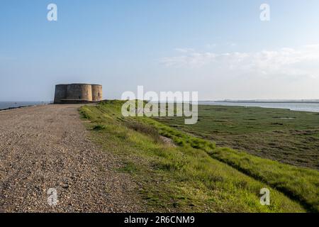 A view along the shingle spit at Slaughden, near Aldeburgh in Suffolk, England Stock Photo