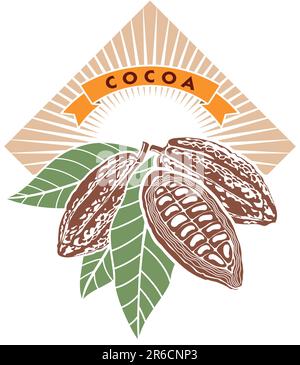 Label with cocoa beans with green leaves. Stock Vector