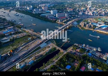 Aerial view of the Kanchpur Bridge on the Sitalakhya River, Narayanganj, Bangladesh. Stock Photo