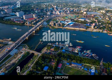 Aerial view of the Kanchpur Bridge on the Sitalakhya River, Narayanganj, Bangladesh. Stock Photo