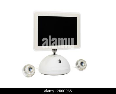 Los Angeles, California, USA - May 31, 2023:  Illustrative editorial photograph of vintage Apple G4 iMac desktop computer with original speakers. Stock Photo