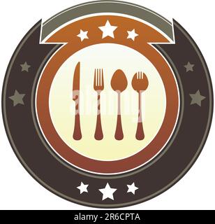 Eating utensils or dining icon on round red and brown imperial vector button with star accents suitable for use on website, in print and promotiona... Stock Vector