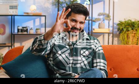Okay gesture. Happy cheerful indian man looking approvingly at camera showing, positive like sign, approve something good in living room sitting on sofa. Hindu guy at modern home apartment. Lifestyles Stock Photo