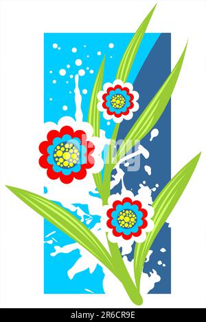 Ornate pattern with red flowers and grunge white blots on a blue background. Stock Vector
