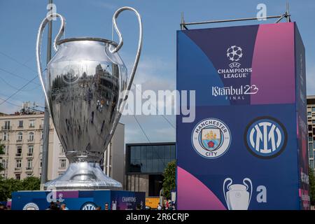 Istanbul, Turkey. 08th June, 2023. The 2023 UEFA Champions League giant trophy is pictured. Manchester City and Inter will face each other in the final match that will determine the champion of the UEFA Champions League season on Saturday, June 10, 2023 at Ataturk Olympic Stadium. As part of the festival, a giant Champions League trophy and a model of a soccer ball were seen in Taksim. It was met with intense interest from domestic and foreign tourists. Credit: SOPA Images Limited/Alamy Live News Stock Photo