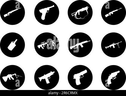 Guns. Set of 12 round vector buttons for web Stock Vector