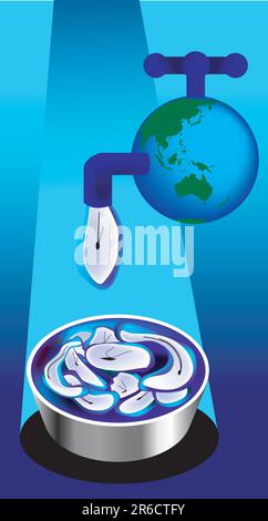 vector illustration for a faucet from the global and the timer leaks, means time just like water, and pass like the globe, and save our time. Stock Vector