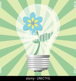 Light bulb with ecological message over starry green background Stock Vector