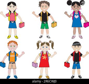 Kids going back to school with backpacks and lunchboxes. Stock Vector