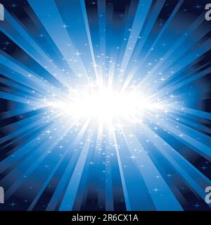 Festive explosion of light and stars from white to dark blue with centre in the middle of the square image. 7 global colors, background controlled ... Stock Vector