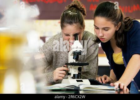 Female students cooperating on a biology assignment, using a microscope in class Stock Photo