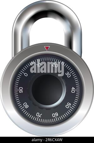 Combination lock typically found on a school locker, garage, and shed doors. Dial operation is fully detailed. Security symbol. Stock Vector