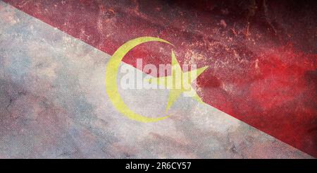 Top view of retro flag Segamat, Johor Malaysia with grunge texture. Malaysian travel and patriot concept. no flagpole. Plane layout, design. Flag back Stock Photo