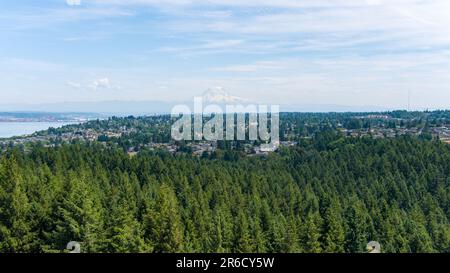 Aerial view of Point Defiance and Mount Rainier from above Tacoma, Washington Stock Photo