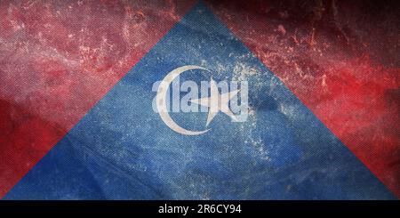 Top view of retro flag Tangkak, Johor Malaysia with grunge texture. Malaysian travel and patriot concept. no flagpole. Plane layout, design. Flag back Stock Photo