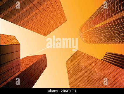 Vector illustration of Looking up at skyscrapers in the orange city and airplane in the sky Stock Vector