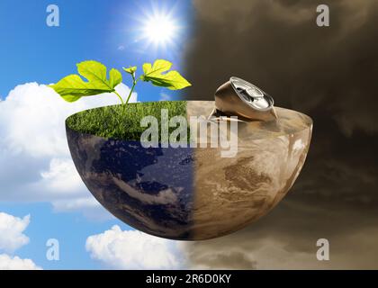 Environmental pollution. Collage divided into clean and contaminated Earth against sky. Halved globe with green seedling and grass on one side and cra Stock Photo