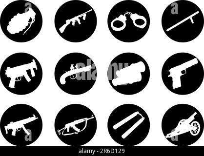 Guns. Set of 12 round vector buttons for web Stock Vector