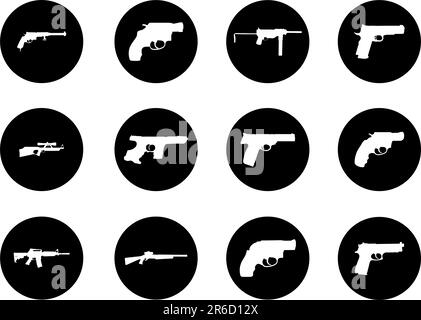 Guns. Set of 12 round vector buttons for web Stock Vector