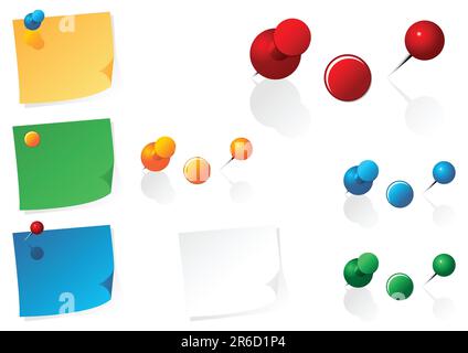Post it notes with different color and shape pins Stock Vector