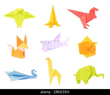 Collage with many different paper figures on white background. Origami art Stock Photo