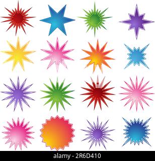 Set of 16 different starburst designs in various colors. Stock Vector