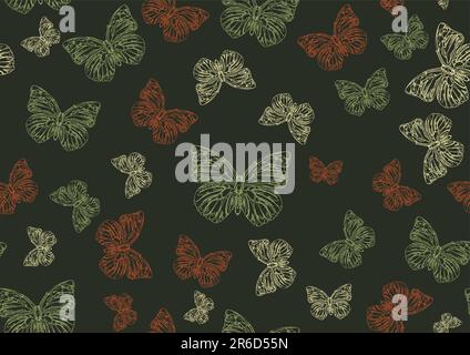 Vector illustration of many funky hand-drawn butterflies of different size  flying around  . Seamless Pattern. Stock Vector
