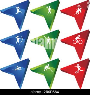 Set of 9 3D sports related web buttons - arrowhead style. Stock Vector
