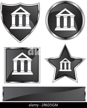 Set of 3D black chrome icons - financial building. Stock Vector