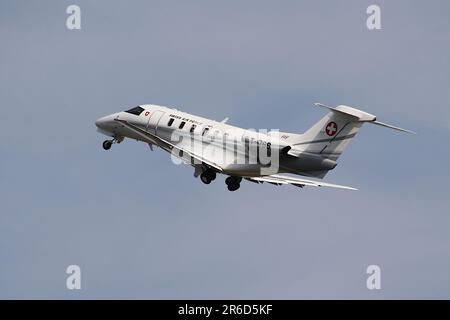 T-786, a Pilatus PC-24 business jet operated by the Swiss Air Force, departing from RAF Fairford in Gloucestershire, England, during the Royal International Air Tattoo 2022 (RIAT 2022). Stock Photo