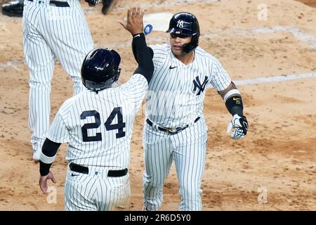 CLEVELAND, OH - APRIL 24: Gleyber Torres (25) and Gio Urshela (29) of the New  York Yankees look on during a game against the Cleveland Indians at Prog  Stock Photo - Alamy