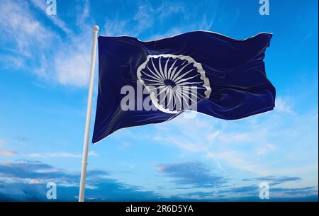 flag of Indo-Aryan ethnoreligious groups Dalit Buddhists at sky , panoramic view. flag representing ethnic group or culture, regional authorities. cop Stock Photo