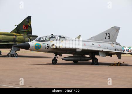 SE-DXP, a Saab Sk35C Draken operated by the Swedish Air Force Historic Flight (SwAFHF) on static display at the Royal International Air Tattoo 2022 (RIAT 2022) held at RAF Fairford in Gloucestershire, England. Stock Photo