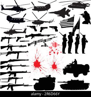 Set of various military related vector silhouettes Stock Vector