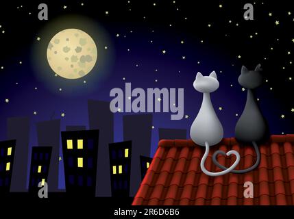 Vector of two cats sitting on a roof at night, looking at the moon. Their tails create a heart. Stock Vector