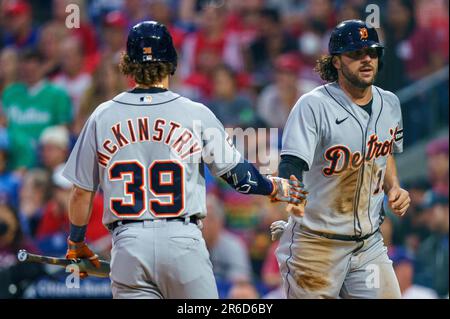 Detroit Tigers' Zach McKinstry, right, is greeted at home plate by Jake  Marisnick after they both scored on McKinstry's two-run home run during the  fourth inning of a baseball game against the