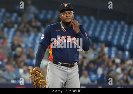 Toronto, Can. 08th June, 2023. June 8, 2023, TORONTO, ON, CAN: Toronto Blue  Jays' Alejandro Kirk hits an RBI double off Houston Astros starting pitcher  Framber Valdez during fifth inning American League