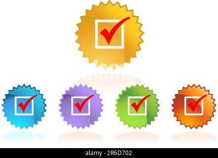 Set of star shaped stickers with red check marks. Stock Vector