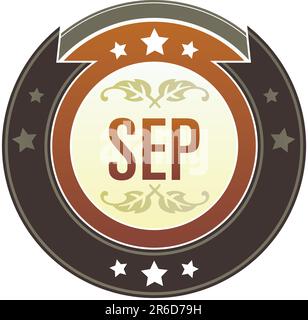 September month calendar icon on round red and brown imperial vector button with star accents suitable for use on website, in print and promotional... Stock Vector