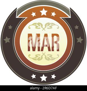 March month calendar icon on round red and brown imperial vector button with star accents suitable for use on website, in print and promotional mat... Stock Vector